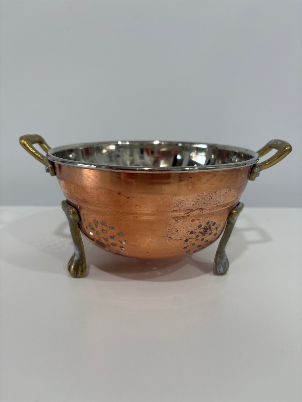 Vintage Copper & Brass Footed Colander Strainer – Tinned Interior